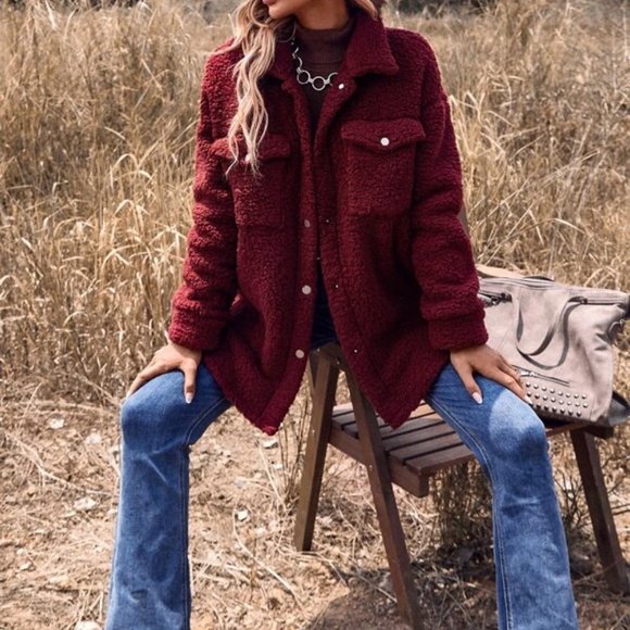 Burgundy Flap Pocket Drop Shoulder Casual Faux fur Teddy Coat - Picture 2 of 6